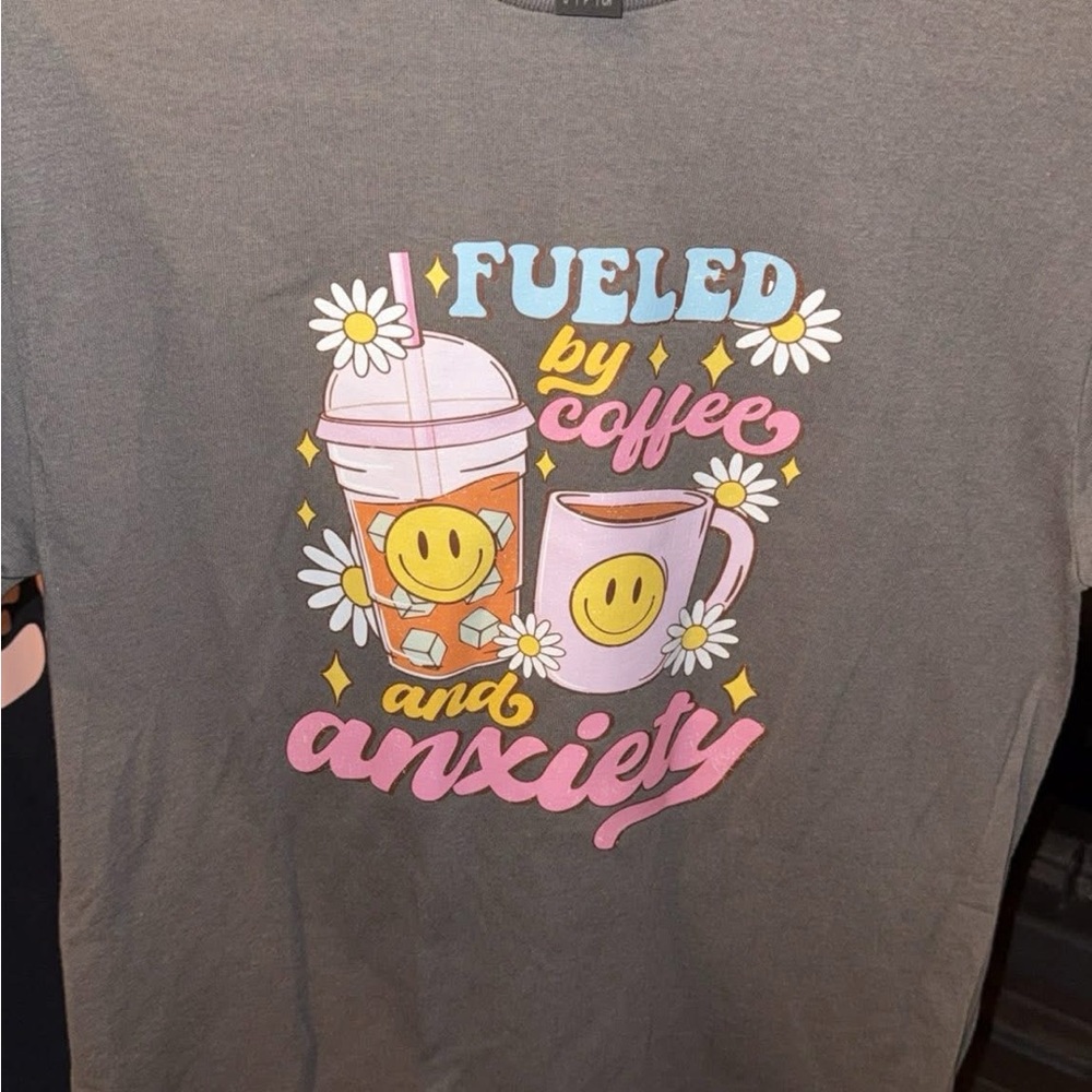 Gray Graphic Tee with Coffee and Smiley Design